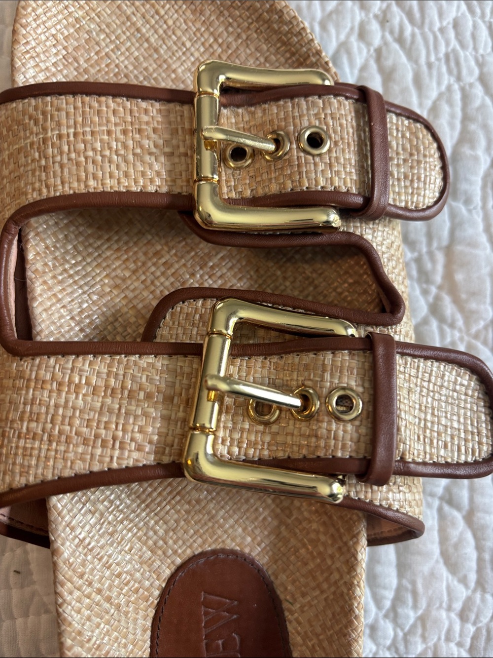 J. Crew Straw Slide Sandals with Brown Trim and Gold Buckles - Picture 4 of 4
